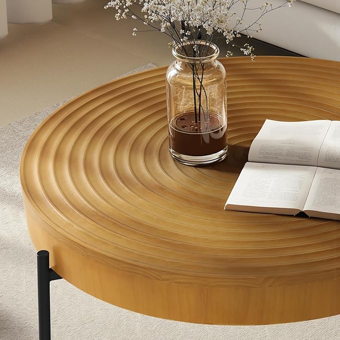 2 Piece Modern Farmhouse Living Room Coffee Table Set, Nesting Table Round Natural Finish with Handcrafted Wood Ring Motif, Wood Colour