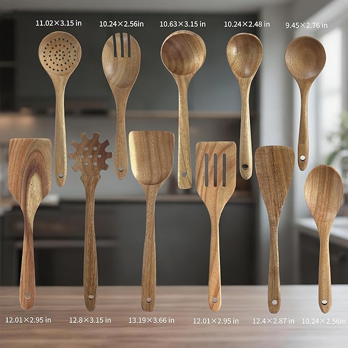Wooden Utensils, 11 PCS Natural Acacia Wooden Spoons & Kitchen Utensils Set, Non-Stick Spatula Ladle Serving Spoon for Baking Stirring Cooking