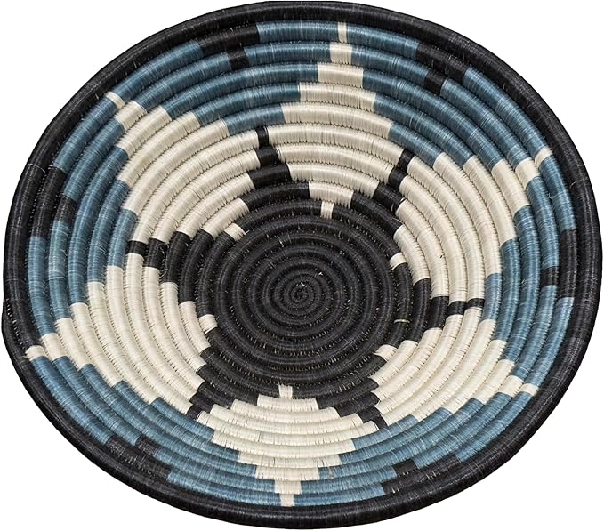 Handwoven African Basket Handmade sisal Fruit Bowl Wall Hanging decorative Baskets for Home Living Room Kitchen Centerpiece Zen Designs Arts and Crafts (Charcoal Blue White, 12in diameter)