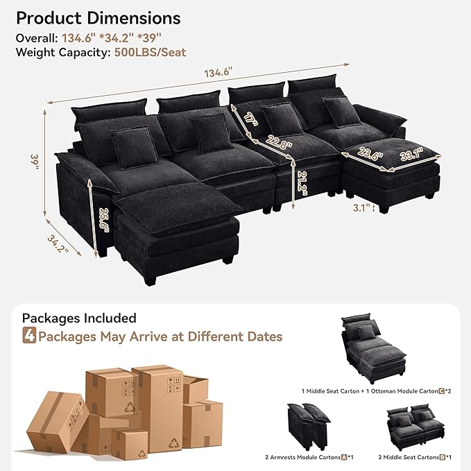 134'' Cloud Modern 4 Seater Couch with Detachable Headrest, Modular Sectional Sofa with 2 Ottoman, Oversized U Shape Chenille Comfy Sofa with Armrests for Living Room, Dark Grey