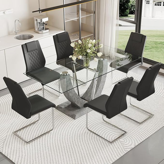Glass Dining Table Set for 6, 7 PCS Kitchen Table Set with 6 Chairs,71" Tempered Glass Tabletop with Upholstered Chairs, Suitable for Dining Room and Kitchen