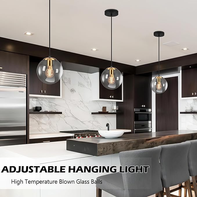 KoKo&Yukina 8 Inch Gold Pendant Light Globe Pendant Lights Kitchen Island Mid Century Light Fixture with Grey Glass Shade Adjustable Globe Cluster Lights for Dining Room Living Room