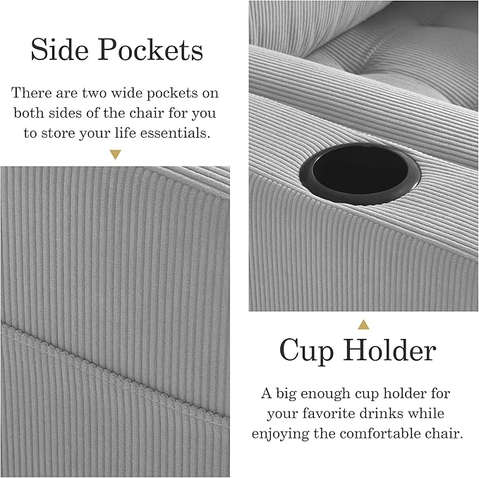 UIXE 3-in-1 Sleeper Chair Pull Out Sofa Bed, Convertible Reclining Seat Upholstered Armchair, Adjustable Backrest Recliner Chair with Side Pockets, Cup Holder & USB Ports - Light Gray