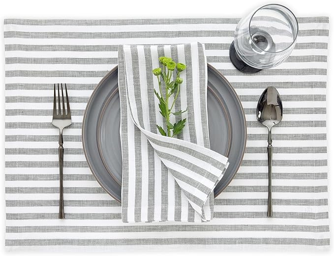 Solino Home Linen Placemats Set of 4 - Amalfi Stripe Grey and White Placemats 14 x 19 Inch - 100% Pure Linen Place Mats for Fall, Autumn