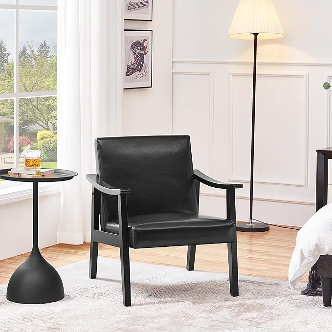 Yaheetech PU Leather Accent Chair, Mid-Century Modern Armchair with Solid Wood Legs, Reading Leisure Chair with High Back for Living Room Bedroom Waiting Room, 2 Pieces, Black