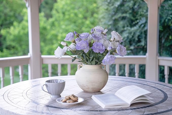 Handmade Beige White Two-Ear Ceramic Vase, Textured Pottery Vase with Two Ears for Centerpieces, Kitchen, Living Room, Bedroom Decor Gifts (Beige White*, Short)