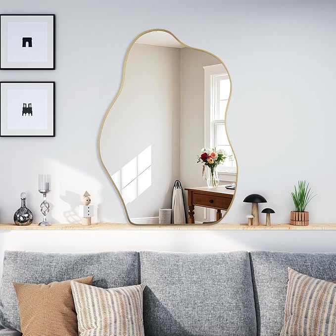 BOMINICA Irregular Wall Mirror Asymmetrical Mirror, Decorative Wall Mirror Golden Wood Framed, Wall Mounted Mirror for Bathroom Living Room Entryway Bedroom Hallway (Gold, 20" x 28")