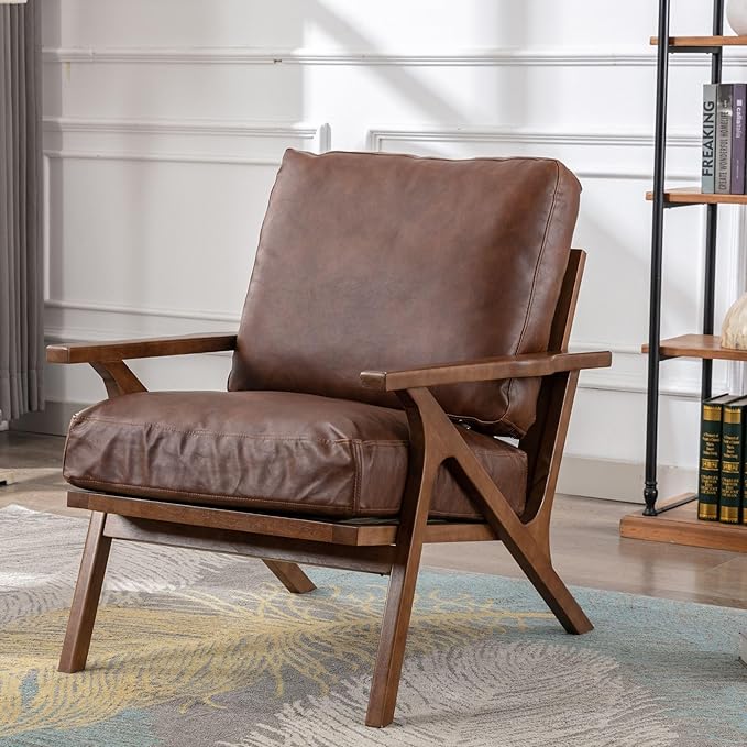 Wahson Brown Leather Accent Chair Mid Century Modern Chair, Retro Upholstered Armchair with Wood Frame and Removable PU Cushions, Large Compfy Leisure Slipper Chair for Living Room/Bedroom