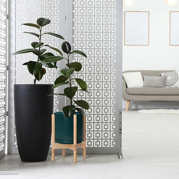 D'vine Dev Ceramic Planter with Natural Stand - 10 Inch Modern Round Flower Pot with Wood Planter Holder, Teal, 55-B-K-4