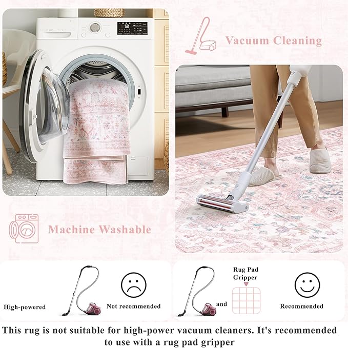 LIVEBOX Pink Washable Area Rug 5x7 - Large Vintage Tribal Living Room Non-Slip Indoor Carpet for Bedroom, Low-Pile Retro Print Distressed Accent for Nursery Dorm Home Decor