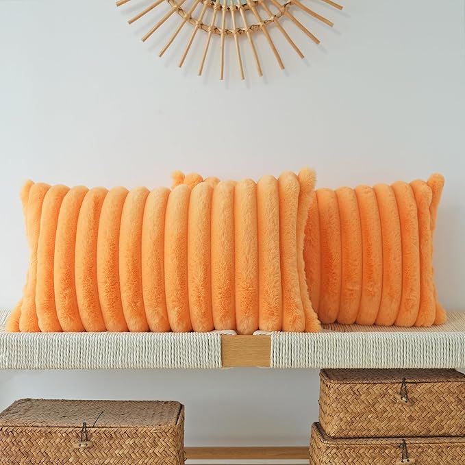 JOJUSIS Pack of 2 Faux Fur Plush Decorative Throw Pillow Covers Couch Cushion Case Soft Pillowcases (Orange, 12 x 20-Inch)
