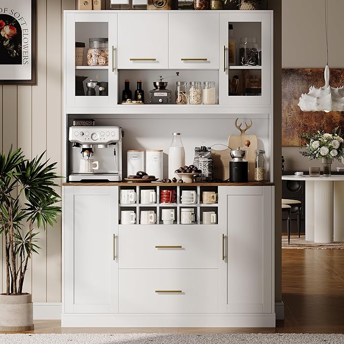 71” Kitchen Pantry Storage Cabinet with Microwave Stand, Freestanding Kitchen Hutch Cabinet with 10 Wine Racks, 5 Cabinets & 2 Drawers, 6 Doors Modern Food Pantry Coffee Bar Hutch White