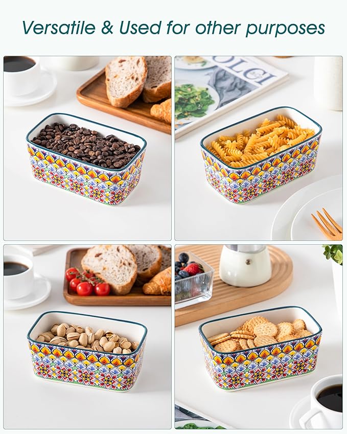 vancasso SIMI Butter Dish with Lid, 6.5" Large Butter Dish for Countertop, Bohemian Ceramic Butter Keeper Container with Knife and Bamboo Lid, Butter Holder for Counter, Golden Bloom