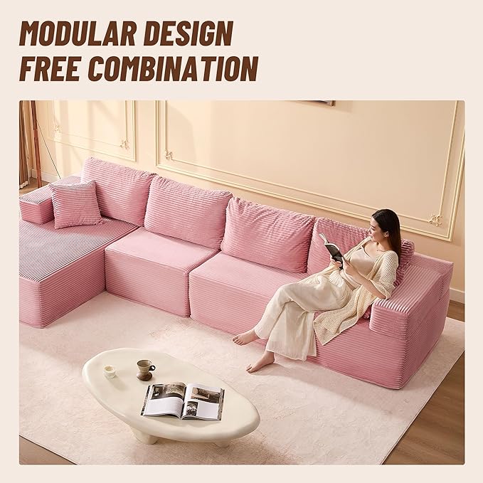 138" Boneless Couch with Deep Seat, Modular Sectional Sofa, Cloud Sectional Couch for Living Room, No Assembly Required, Corduroy, 4 Seater L-Shape Left, Pink