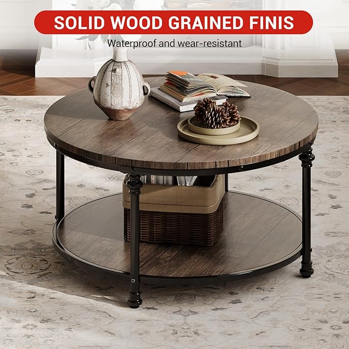 Garvee Round Coffee Table, 2 Tier Center Table with Storage for Living Room, 30.5 x 18 Inches, Wood Center Table for Living Room, Apartment, Easy to Assemble