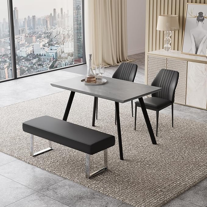 ZckyCine Modern 4-Piece Dining Table Set - Rectangular Wooden Table, 2 Soft Dining Chairs, 1 Leather Bench - Suitable for 4 People