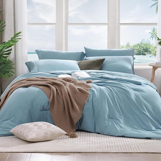 WRENSONGE Queen Comforter Set, 7 Pieces Soft Blue Bed in a Bag Queen with Fitted Sheet, Flat Sheet, 2 Pillow Shams, and 2 Pillowcases- Warm Bedding Sets for All Season