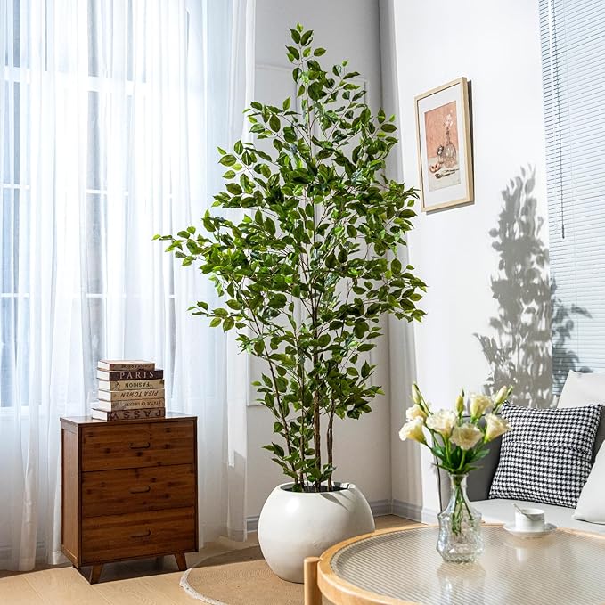 Artificial Ficus Tree Indoor 7ft, Large Potted Faux Tree with Realistic Silk Leaves & Trunk for Home Office, Living Room Corner Decor