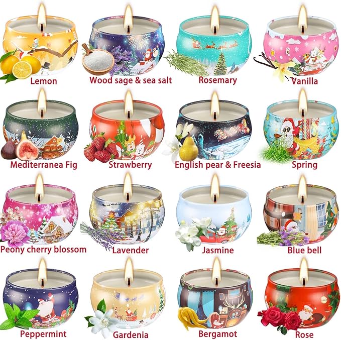 16pcs Christmas Scented Candles Set, 2.5oz Aromatherapy Candles Gift for Women, 16 Fragrances Soy Wax Candle for Christmas Holiday Thanksgiving Mother's Day