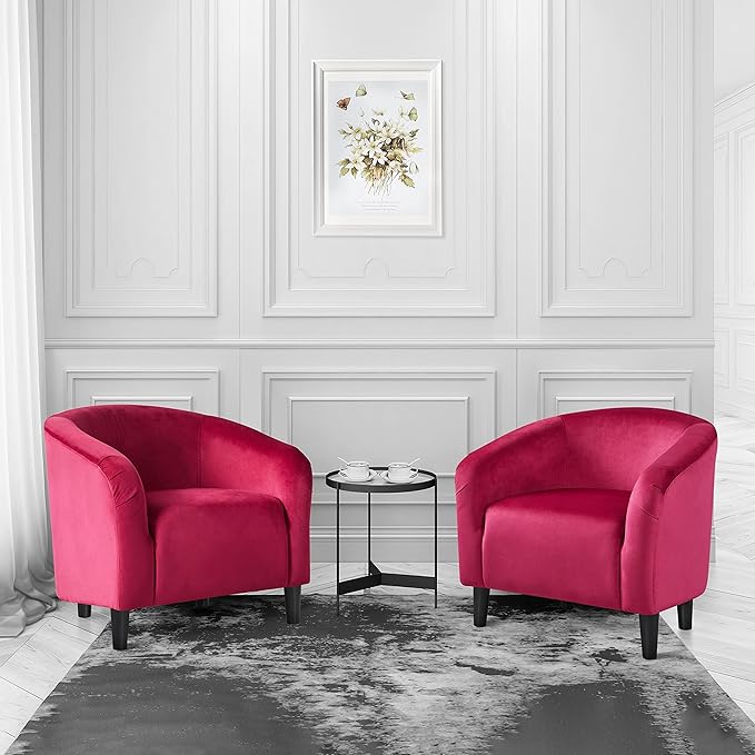 Yaheetech Accent Chairs, Velvet Barrel Chair Cozy Club Chairs with Sturdy Legs and Soft Padded Seat for Bedroom/Living Room/Reading Room, Rose Red, Set of 2