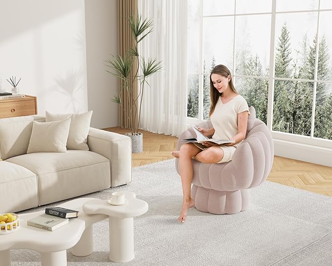 Mid Century Modern 360 Degree Barrel Swivel Accent Sofa Chair,Fluffy Velvet Fabric Lounge Wide Upholstered Pumpkin Reading Chair, Round Cloud Armchair for Living Room,Bedroom,Vanity(Pink)