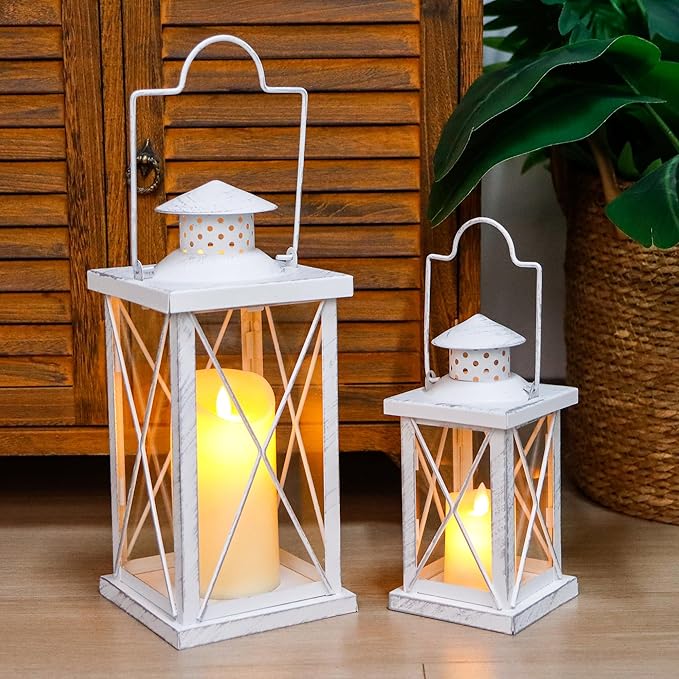TRIROCKS 16'' & 11" H Decorative Candle Lanterns Set of 2 Hanging Lantern Vintage Metal Candle Holder with Tempered Glass for Indoor Outdoor Home Decor Parties Garden Wedding(White with Silver Brush)