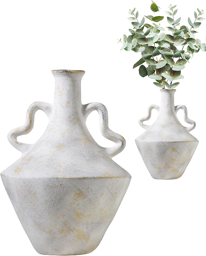 UPWOIGH 14x9.06 in Tall Vintage Handles Ceramic Vase, Antique White Pottery Vase Living Room Table Decor, Beige Speckles Distressed Black Markings Rustic Farmhouse Bedroom Decor, Ideal Gift 1Pack