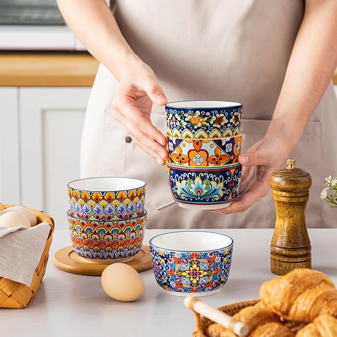 vancasso 8 Oz Ramekins Oven Safe Set of 6, Bohemian Creme Brulee Ramekins, Colorful Souffle Dishes, Pudding Custard Cups for Baking, Small Ceramic Bowls for Snacks, Ice Cream