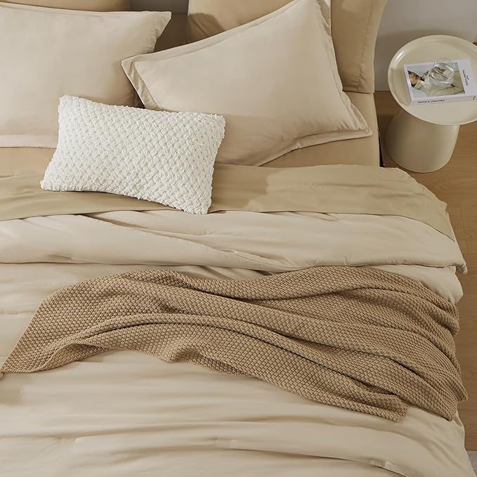 WRENSONGE Oversized Queen Comforter Set - 7 Pieces Beige Bed in a Bag Queen with Sheets, 2 Pillow Shams, and 2 Pillowcases- Warm Bedding Sets Queen for All Season