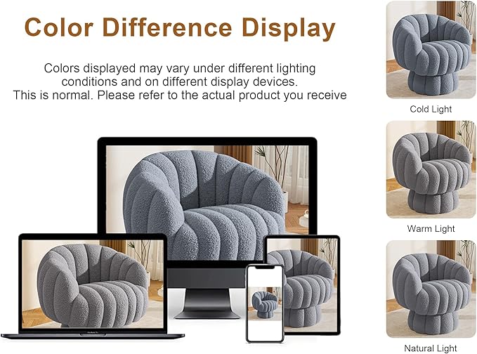 Mid Century Modern 360 Degree Barrel Swivel Accent Sofa Chair,Fluffy Sherpa Fabric Lounge Wide Upholstered Pumpkin Reading Chair, Round Cloud Armchair for Living Room,Bedroom,Vanity(Grey)