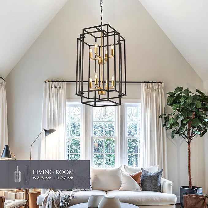 8-Light Lantern Tiered Pendant Light Fixtures, Black Metal Farmhouse Chandelier Hall Foyer Hanging Chandelier for Kitchen Island Dining Room Living Room Foyer Entryway, Black+Gold