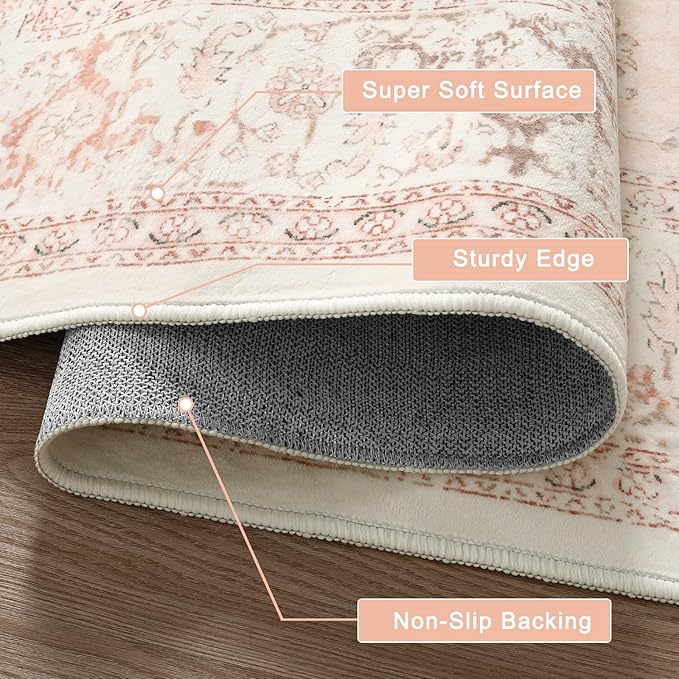 LIVEBOX Pink Area Rug 5x7 - Soft Rugs for Bedroom, Non-Slip Pink Rugs for Bedroom Girls, Vintage Washable Cute Aesthetic Rug for Nursery Dining Room, Retro Print Distressed Accent Carpet for Apartment