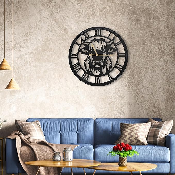 Wall Clocks Battery Operated, Large Slient Black Metal Decorative Wall Clock,Big Wall Clocks for Living Room Decor,Bedroom, Kitchen, Dining Room (Highland Bull Wall Clock, 30 Inch)