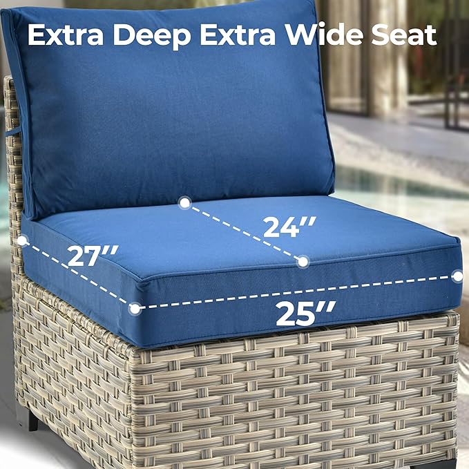 HOOOWOOO Outdoor Sectional Patio Furniture Set with Fire Pit Table,15 Pieces Wicker Conversation Sets L Shaped Couch,Extra Deep Out Door Sofa Outside Furniture with Swivel Chairs Ottomans,Navy Blue