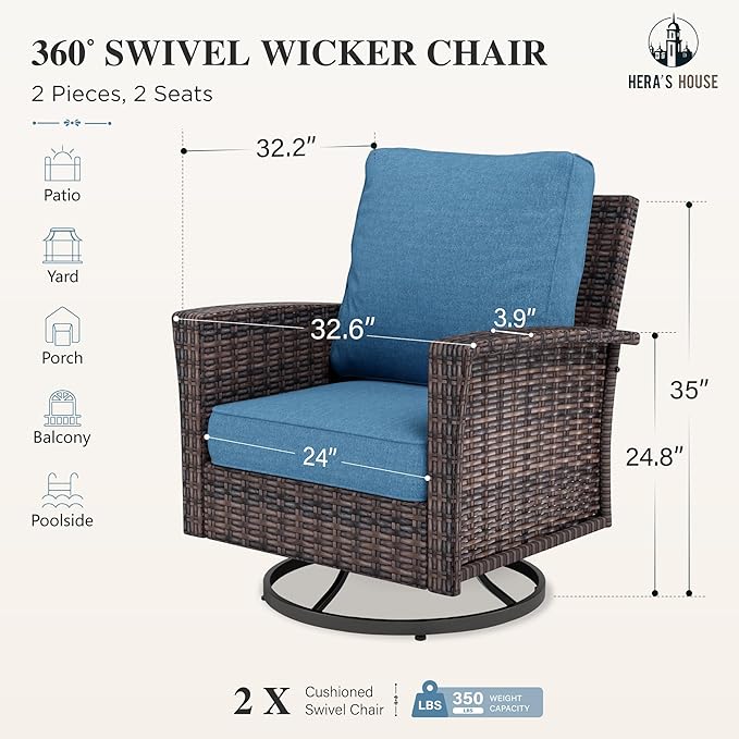 HERA'S HOUSE Outdoor Wicker Swivel Chairs with 5.5" Thick Cushions, 35" High Back Patio Chairs Set of 2, Deck Balcony Backyard Furniture, Navy Blue