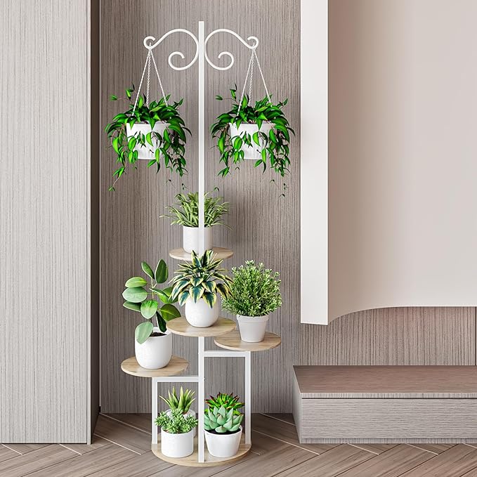 Plant Stand Indoor 5 Tier 8 Potted with hook hanging basket Multiple Flower Pot Holder for Patio Garden Balcony Living Room Corner (5 Tier with hook White+Sonoma Oak)