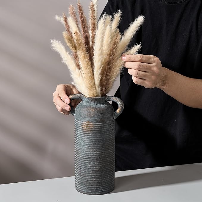 10.16" Tall Ceramic Rustic Vase for Home Decor, Terracotta Vase with Handles, Handcrafted Vintage Decorative Flower Vase for Farmhouse, Living Room, Table, Fireplace, Nightstand- Black Bronze