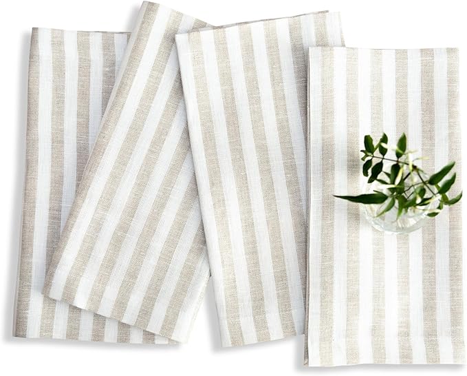 Solino Home Linen Napkins Set of 4-100% Pure Linen Amalfi Stripe Natural and White Cloth Dinner Napkins 20 x 20 Inch for Fall, Autumn, Thanksgiving, Christmas - Handcrafted and Machine Washable