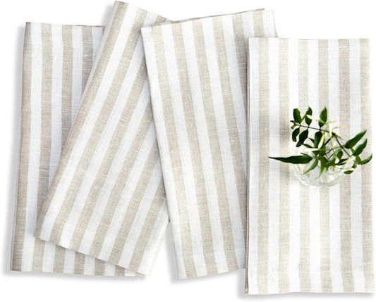 Solino Home Linen Napkins Set of 4-100% Pure Linen Amalfi Stripe Natural and White Cloth Dinner Napkins 20 x 20 Inch for Fall, Autumn, Thanksgiving, Christmas - Handcrafted and Machine Washable