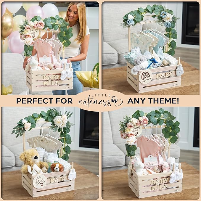Wooden Baby Shower Crate Closet - Customizable Wooden Crate Box with Dual Rod System, Personalized Baby Shower Basket Alphabet Letters, Easy Assembly Baby Baskets for Baby Shower (Natural Wood)