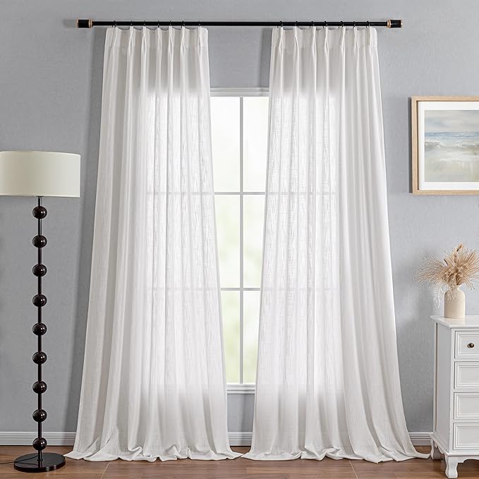 MYSKY HOME Natural Living Room Curtains 96 Inch Long 2 Panel Sets, Soft Cotton Blend Semi Sheers Light Filtering Pinch Pleated Privacy Drapes for Patio Nice Vertical Elegant Style, Beige, 40 x 96 in