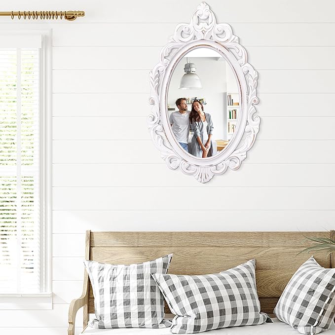 Oval Wooden Mirrors with Frame White Vintage Wall MirrorArendahl Traditional Carved Baroque Style Hanging Mirror for Wall Antique Decorative Mirror for Vanity Bedroom Living Room Bathroom Entryway