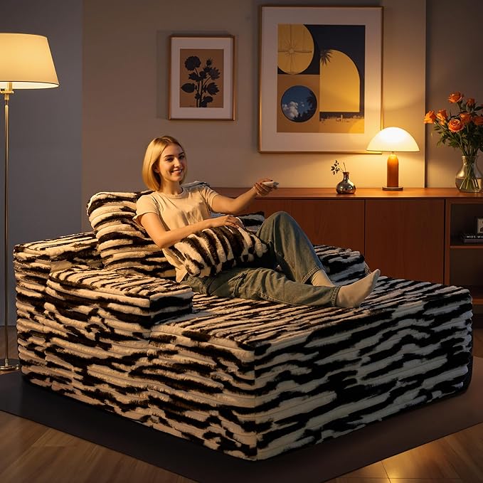Chaise Lounge Chair Indoor, 67" Oversized Comfy Faux Fur Sleeper Sofa Bed, Boneless Upholstered Recliner Bed with Pillows and Wide Armrests, Modern Cloud Couch for Living Room, Zebra Stripe
