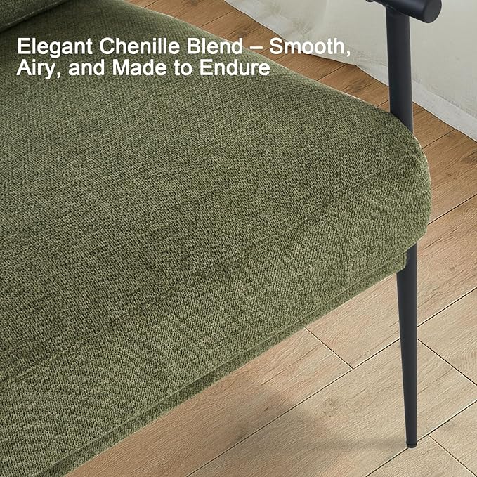Accent Chair Mid Century Modern Armchair for Living Room,Bedroom,Office,Lounge Comfy Chenille Upholstered Soft Removable Washable Cushions and Pillows,Metal Wood-Grain Armrest Legs,Green