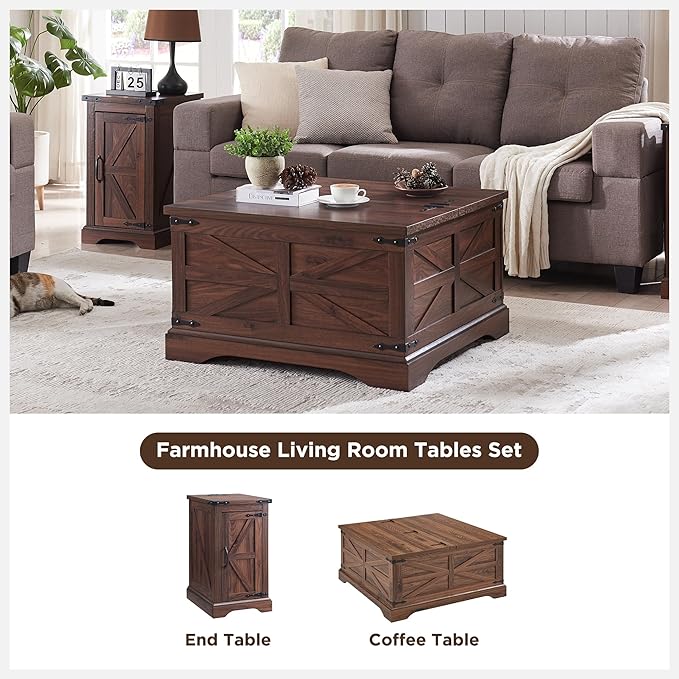 JXQTLINGMU Farmhouse Lift Top Coffee Table with Storage, 36" Wood Square Center Table with Large Hidden Compartment, Rustic Lift Tabletop Dining Table for Home Living Room, Brown