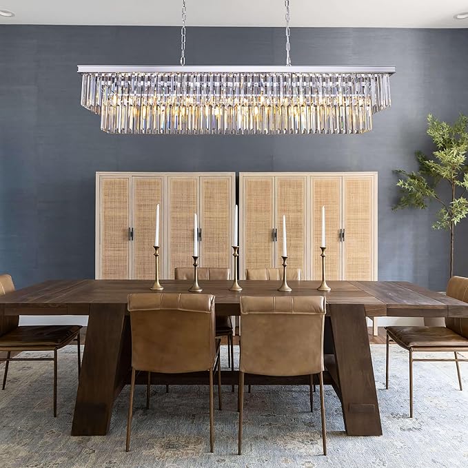 Wellmet Chrome Chandelier 57 inch, 13-Light Modern Rectangular Crystal Chandelier Ceiling Hanging, Linear Chandeliers Light Fixture for Living Room, Dining Room, Bedroom, Kitchen Island