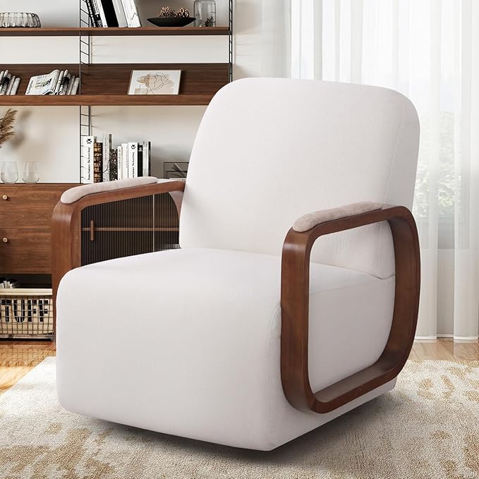 360° Swivel Accent Chair with Solid Wood Base, Swivel Living Room Chair with Chenille Fabric (Beige, Set of 1)