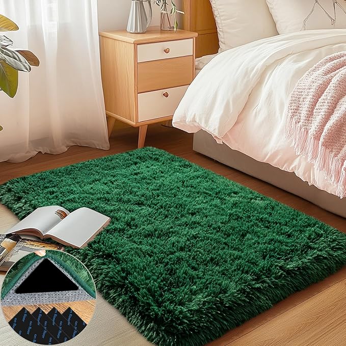 Green Area Rug for Bedroom, 2x3 Small Rugs for Living Room Nursery Kids Room Dorm Home Decor Aesthetic, Fluffy Shaggy Rug with 4 Anti-Slip Carpet Tapes, Dark Green
