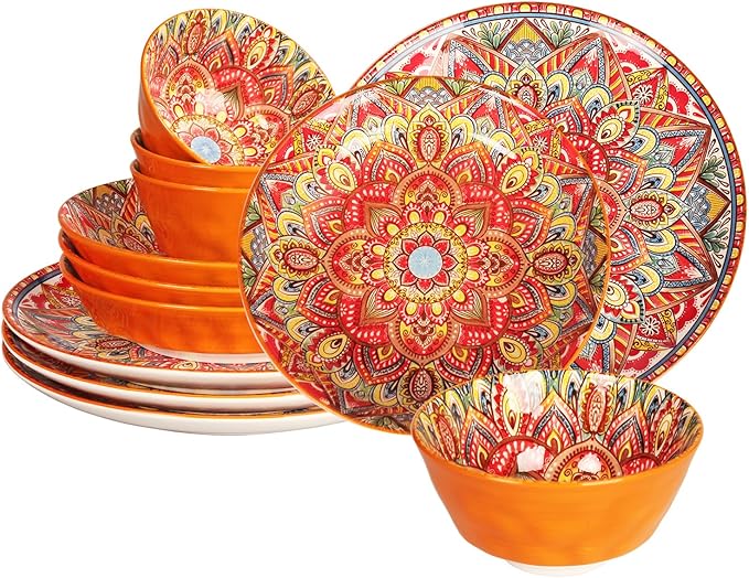 YA JU Mandala Dinnerware Sets (12 Pcs) Serves 4, Buffet Dinnerware, Boho Plates and Bowls Dish Set with 8" salad Plate 10" dinner Plate 4.8" bowl, apply Casual dining Indoor Outdoor Dining Part