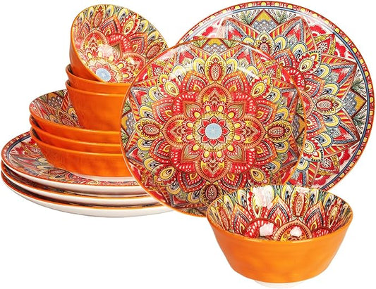 YA JU Mandala Dinnerware Sets (12 Pcs) Serves 4, Buffet Dinnerware, Boho Plates and Bowls Dish Set with 8" salad Plate 10" dinner Plate 4.8" bowl, apply Casual dining Indoor Outdoor Dining Part